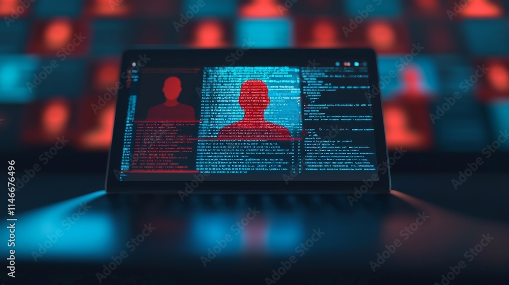 Poster a laptop displays digital profiles and code, illuminated in blue and red, suggesting themes of cyber