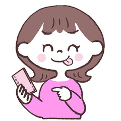 スマホを指さしいたずらな表情の女性正面イラスト