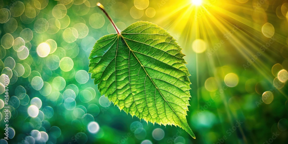 Poster a single leaf bathed in warm sunlight, its delicate veins illuminated by a glowing orb, set against 