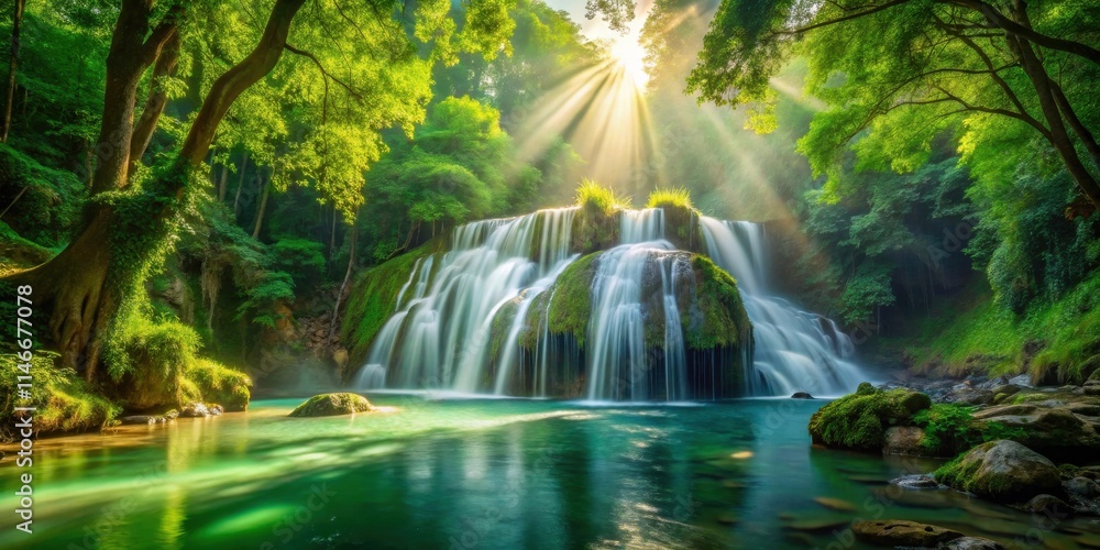 Poster sunlight filtering through a canopy of leaves illuminates a cascading waterfall in a lush, green for