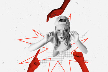 Composite trend artwork sketch image photo collage of stop sexual harassment abuse arm gesture palm...