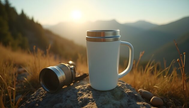 Momento sereno en la naturaleza con un termo blanco en sendero de monta&ntilde;a.