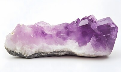 Purple amethyst cluster with sharp crystal edges on a white background.