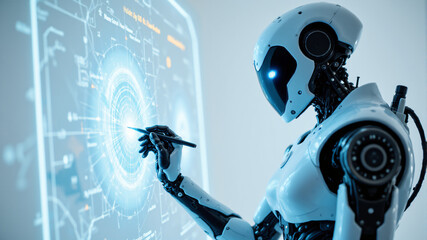 Obraz premium A futuristic robot interacting with advanced technology, showcasing innovation in artificial intelligence.