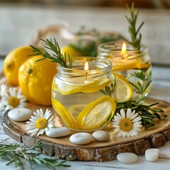 Rustic Glass Jar Candle Display with Lemon Slices, Rosemary, Chamomile Flowers, and Pebbles on a Wooden Slice