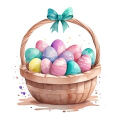 A watercolor painting of a wicker basket overflowing with pastel-colored Easter eggs, tied with a delicate teal ribbon. Perfect for spring celebrations.