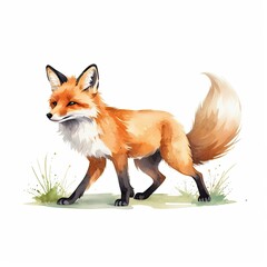 A watercolor painting of a red fox, walking through a patch of grass. The fox's fur is a mix of orange and white, and its eyes are a piercing green. The image has a peaceful and serene mood.