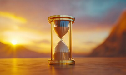 A golden hourglass on a wooden surface against a sunset backdrop.