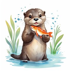 Adorable otter holding a goldfish in a serene watercolor setting. The playful scene features soft colors and delicate details.