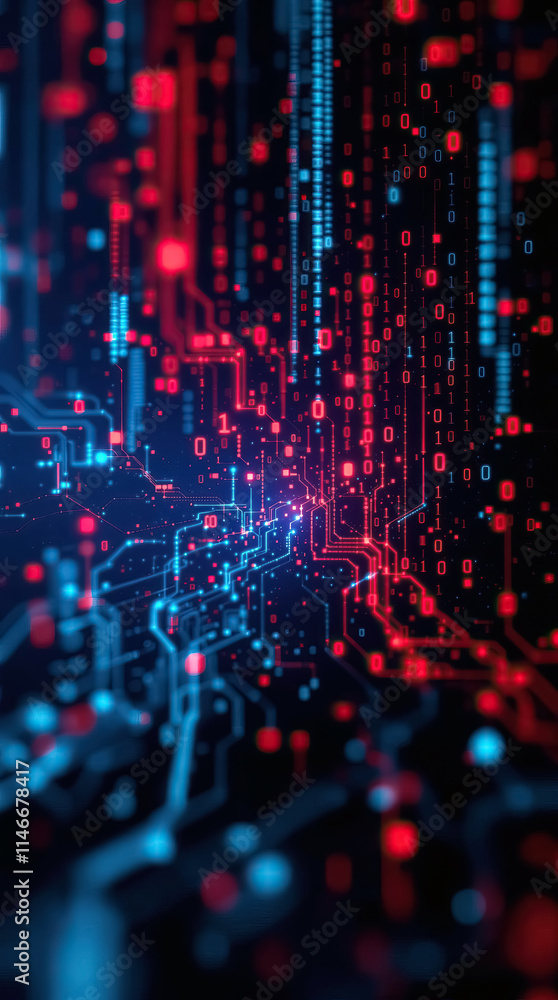 Poster glowing digital circuits lines binary code futuristic abstract technology innovation light network connection background cyber security advanced systems interactive visuals data flow