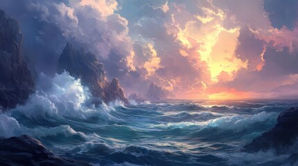 dramatic ocean sunset landscape painting