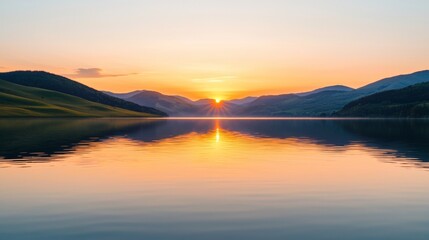 Obraz premium Serene Sunset Lake Landscape Calm Waters Mountains Golden Hour