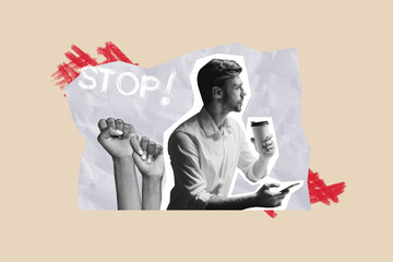 Collage young businessman entrepreneur drink coffee takeaway pause stop rebellion hands body...