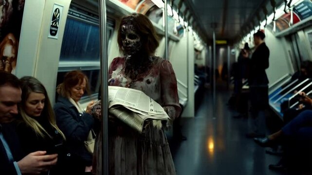 Zombie Businesswoman holds a newspaper inside a subway carriage. The zombie dresses in an elegant but dirty suits and stands among the other passengers who indifferently look at their smartphones. 