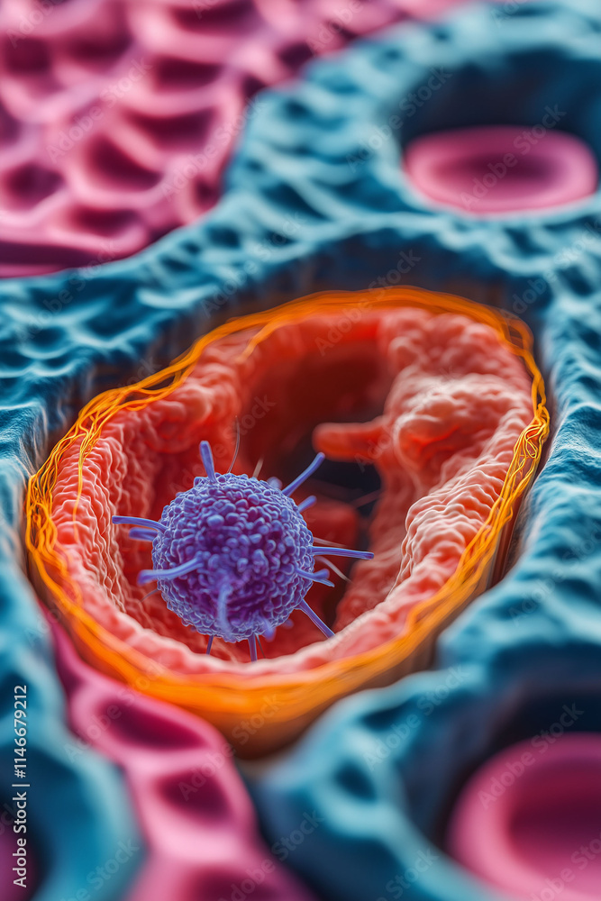 Poster h5n1 avian influenza virus vaccine. microscopic view of a cell with colorful structures and a promin