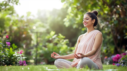 indian young woman meditating peaceful garden nature mindfulness relaxation yoga wellness inner peace spiritual balance outdoor calmness tranquility