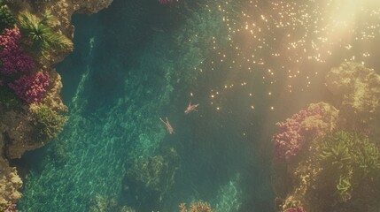 Fototapeta premium Sunlit Coral Reef Cove with Swimmers Above