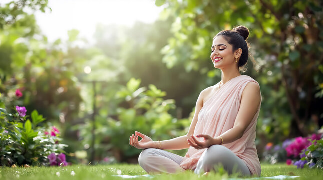 indian young woman meditating peaceful garden nature mindfulness relaxation yoga wellness inner peace spiritual balance outdoor calmness tranquility
