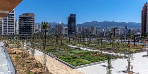 Naklejka premium A drone view of a sprawling green infrastructure system in an urban setting, featuring rain gardens, bioswales, and green roofs designed for flood management. 