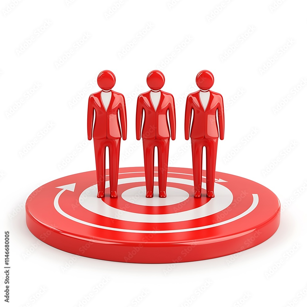 Poster three red figures in suits stand on a circular target, symbolizing focus and goal-oriented teamwork 
