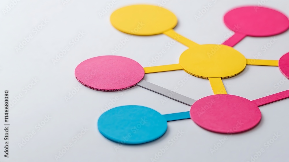 Poster colorful circular shapes connected by lines, representing a network or concept map on a light backgr