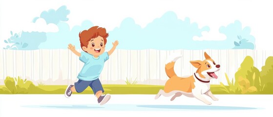 Fototapeta premium A joyful child runs with a playful dog in a bright outdoor setting.