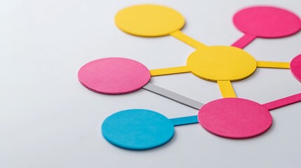 Colorful circular shapes connected by lines, representing a network or concept map on a light background.