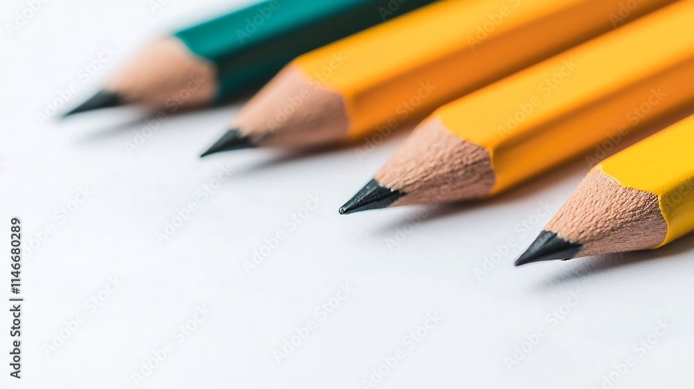 Poster a close-up view of sharpened colored pencils arranged in a row, showcasing vibrant colors and fine t