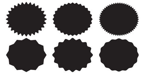 Different color starburst sunburst badges shapes, sticker set. Collection of special offer sale oval and round shaped sunburst labels and badges. Promo stickers with star edges.