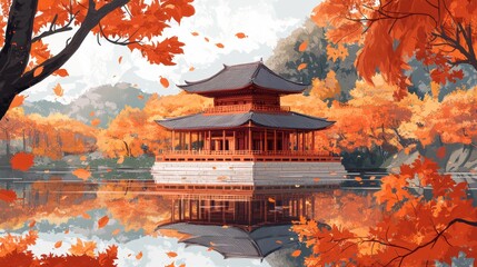 Obraz premium An illustration of an autumn landscape featuring a traditional Japanese-style temple surrounded by orange trees