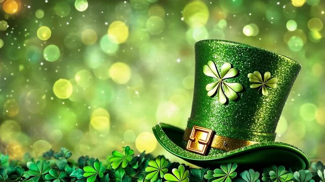 Green festive hat adorned with shamrocks surrounded by vibrant clovers for St. Patrick's Day celebrations