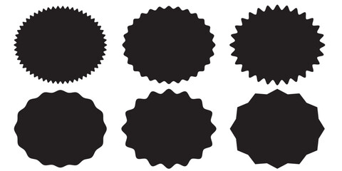 Different color starburst sunburst badges shapes, sticker set. Collection of special offer sale oval and round shaped sunburst labels and badges. Promo stickers with star edges.
