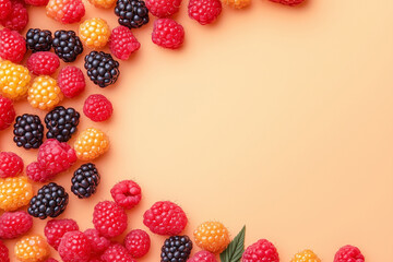 A mixed berries, including raspberries and golden berries, spread across a wooden background