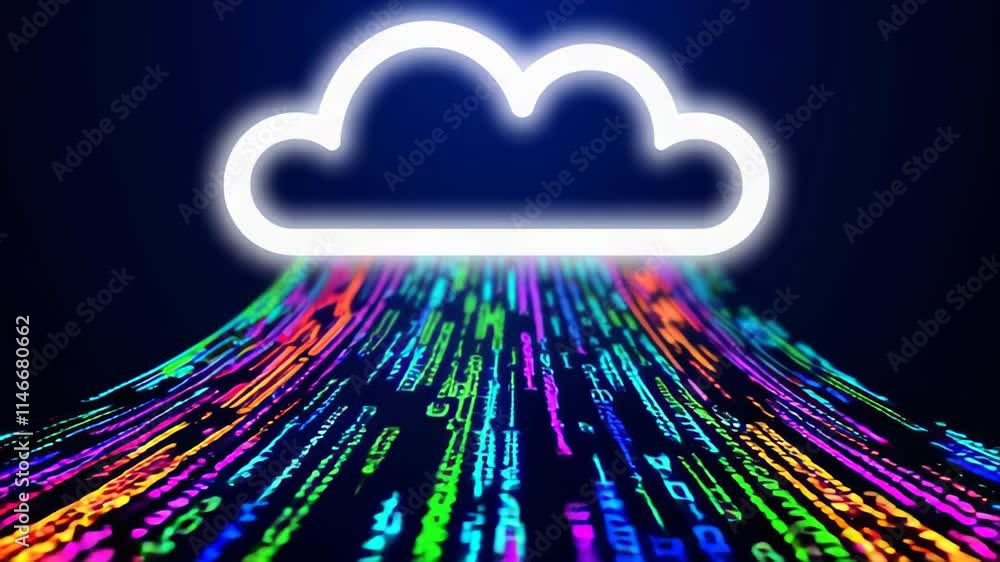 Fototapete colorful abstract animation depicting data streams and cloud symbol rising through dark background