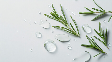 Fresh rosemary leaves with clear water droplets create serene and refreshing composition, highlighting natural beauty of herb