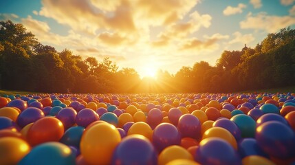 Obraz premium Colorful plastic ball pit at sunset in park.