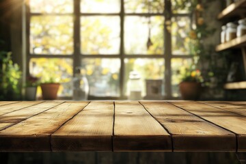 Empty wood table top on blur window sill and kitchen shelf background 