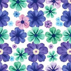 Floral Watercolor Seamless Pattern: Delicate watercolor flowers in shades of purple, blue, and green create a charming and versatile pattern. Perfect for various design projects. 