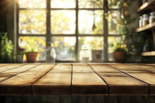 Empty wood table top on blur window sill and kitchen shelf background 