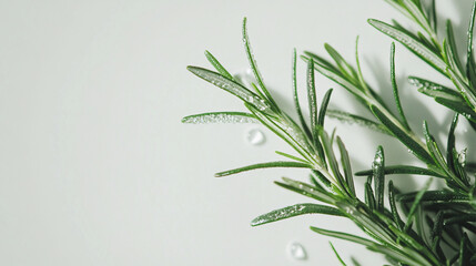Fototapeta premium fresh rosemary sprig with droplets of water, showcasing its vibrant green leaves and natural beauty. This captures essence of freshness and natures simplicity