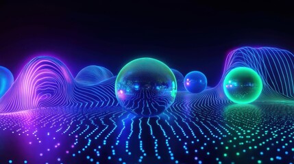Obraz premium abstract neon sphere background with glowing lines and particles