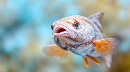 Obraz premium Close-up of a vibrant, orange-finned fish swimming underwater.