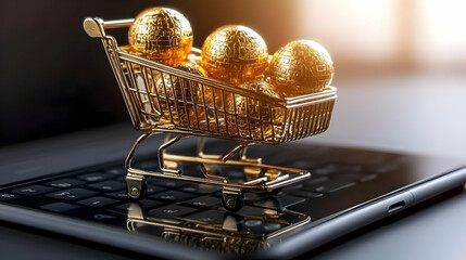 Golden Shopping Cart on Laptop: Illustration