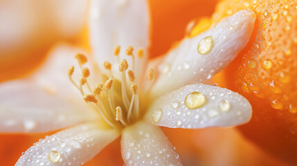 visually striking macro shot of orange blossom with delicate petals adorned with droplets, showcasing beauty of nature. vibrant orange background enhances floral details