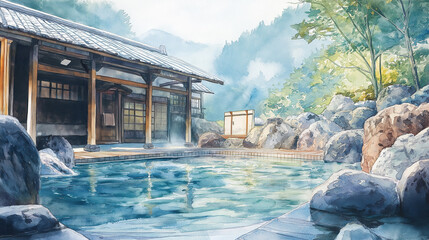 和風旅館で過ごす温泉旅行：春から夏への移ろいを捉えた日本の露天風呂水彩画風景イラスト