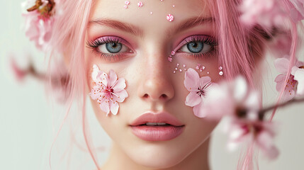 春の桜をバックに、ピンクの花を持つ白人女性の美容とメイクが輝くポートレート写真