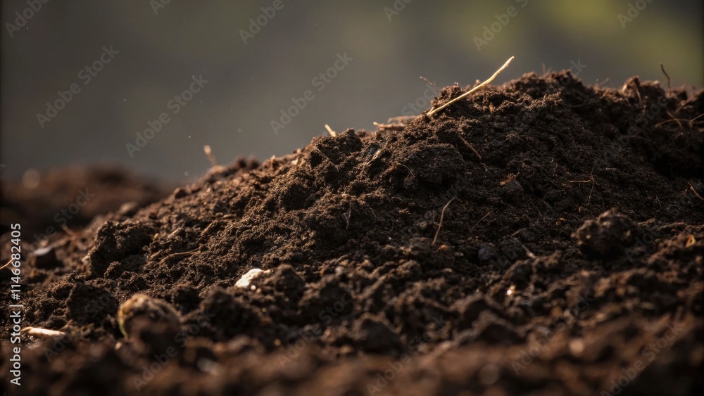 Poster a close-up image showcasing the rich texture of dark brown soil, illuminated by the soft glow of sun