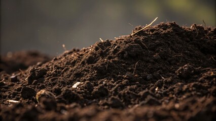 Fototapeta premium A close-up image showcasing the rich texture of dark brown soil, illuminated by the soft glow of sunlight.