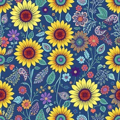 Sunny Floral Pattern: A vibrant, colorful, and cheerful pattern featuring sunflowers, paisley motifs, and various floral elements on a deep blue background.  This pattern exudes joy and optimism.