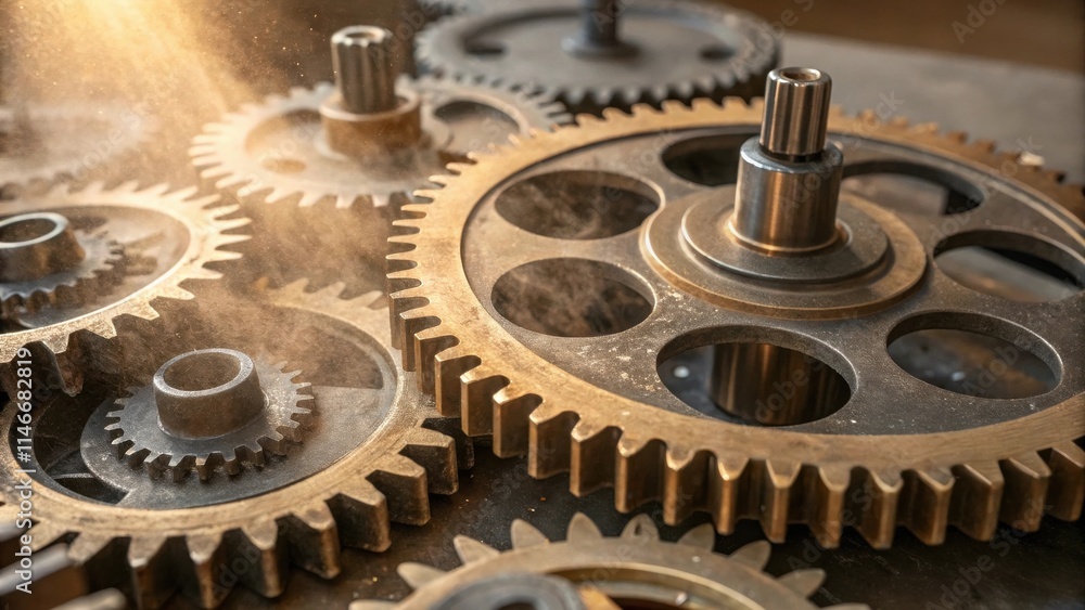 Aufkleber A close-up of a complex system of interlocking cogs, with a shaft running through the center of the largest gear, all coated in a fine layer of dust, creating a vintage industrial aesthetic.